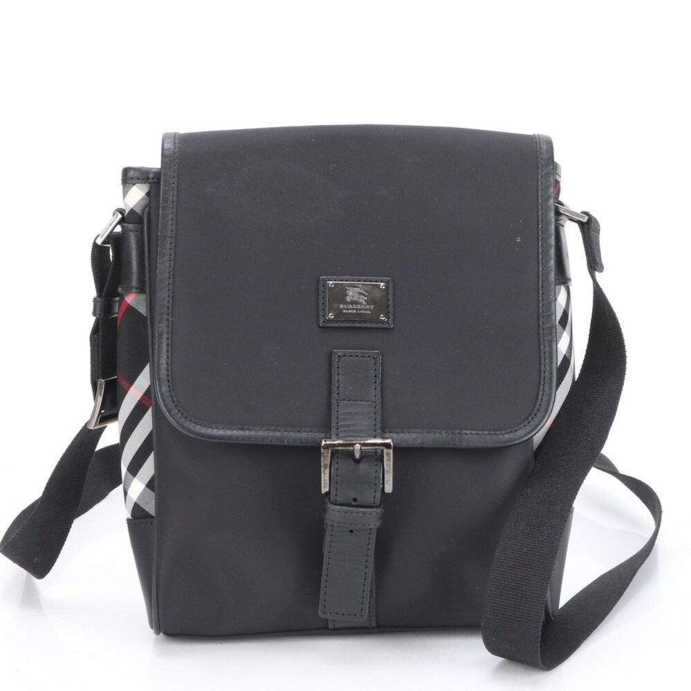 Burberry Check Leather Shoulder Bag Tote Black Men's